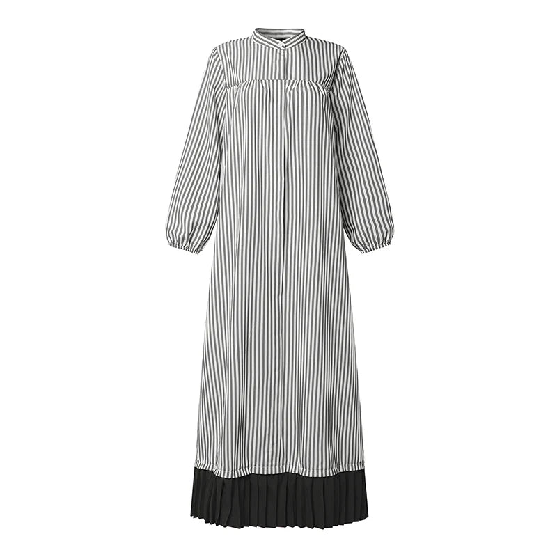 ZANZEA Modest Stripe Patchwork Muslim Abaya Dress Hijab Robe Femme Fashion Women Long Sleeve Pleated Sundress Casual Kaftan 2026