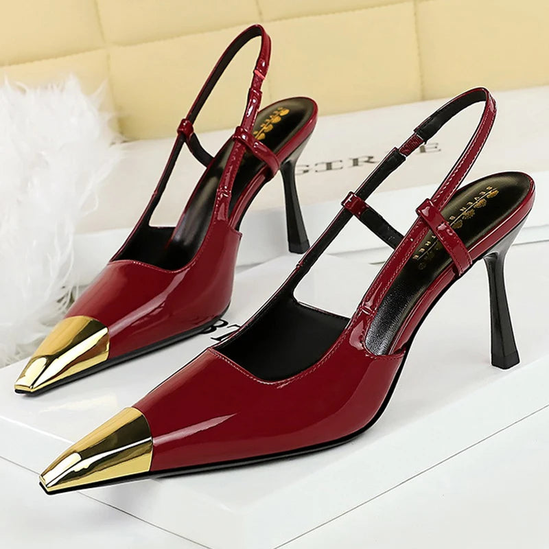 BIGTREE Shoes Metal Pointed Tip Women Pumps Patent Leather High Heels Rear Empty Rear Strap Women Sandals Summer Shoes Stilettos