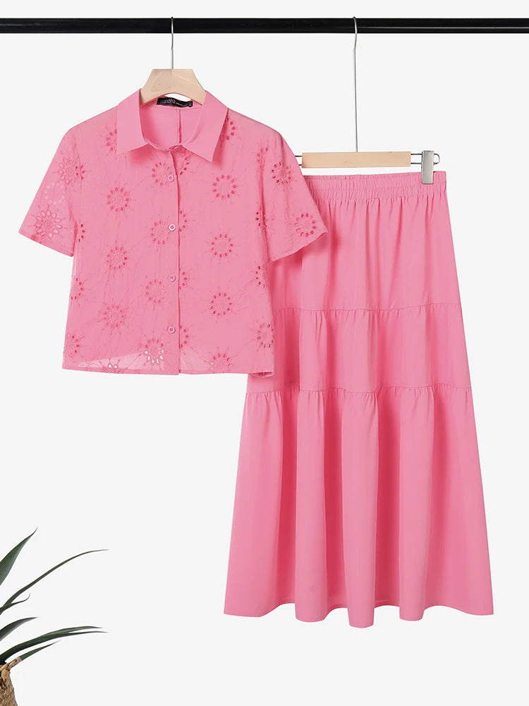 ZANZEA Elegant Short Sleeve Hollow Out Shirt Dress Sets Women 2 Piece Sets Summer Outfits 2026 Stylish Solid OL Work Skirt Suit