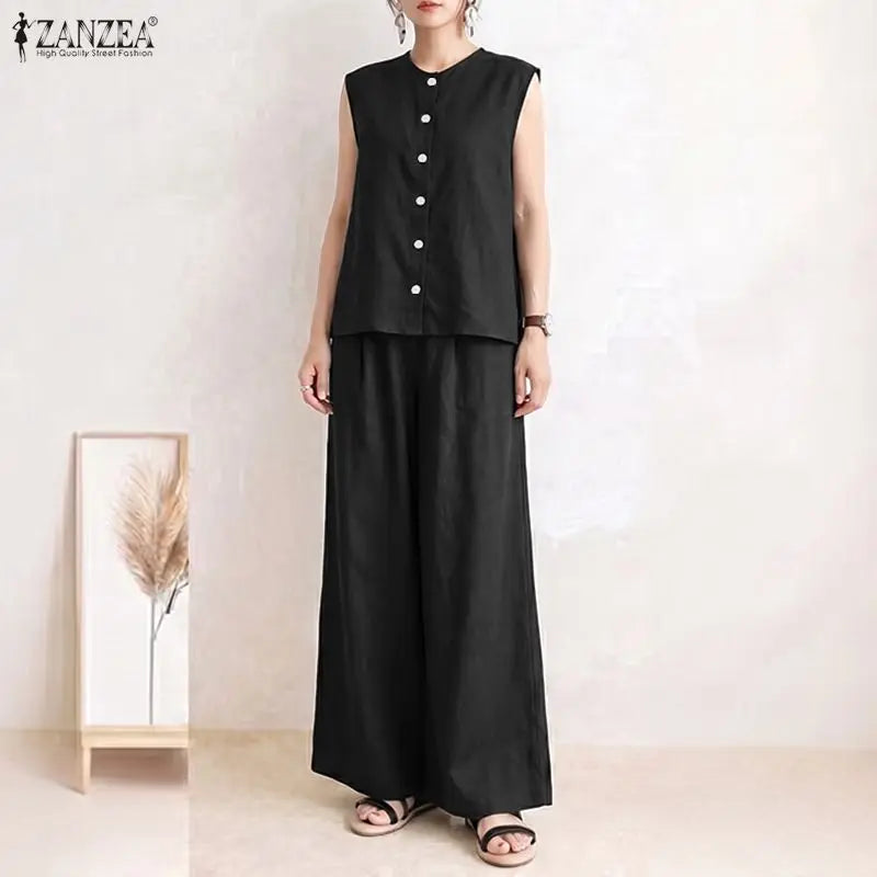 ZANZEA Summer Women 2 Pieces Sets Casual Solid Color OL Work Outfits O Neck Sleeveless Tanks Tops Pants Suit Loose Matching Sets