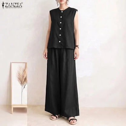 ZANZEA Summer Women 2 Pieces Sets Casual Solid Color OL Work Outfits O Neck Sleeveless Tanks Tops Pants Suit Loose Matching Sets