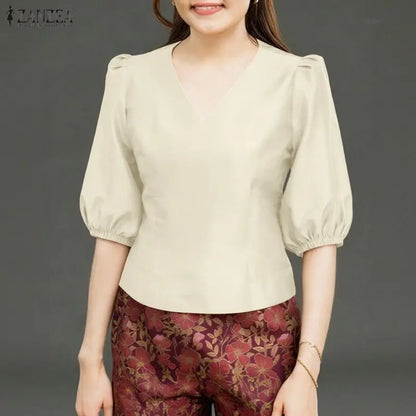 ZANZEA Women's Elegant Satin Short Blouses Summer 3/4 Lantern Sleeves V-Neck Tops Sophisticated Solid Color Blusas de Mujer