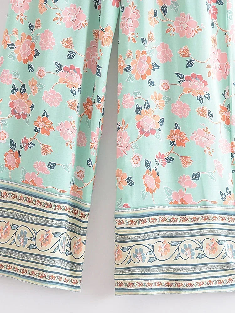 Vintage Chic Fashion Women Floral Print Wide Leg Bohemian Pants Lady Sashes Loose Rayon Boho Long Pant Trousers Streetwear