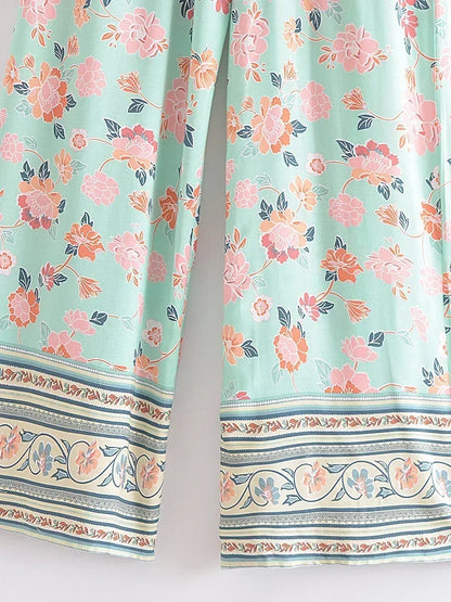 Vintage Chic Fashion Women Floral Print Wide Leg Bohemian Pants Lady Sashes Loose Rayon Boho Long Pant Trousers Streetwear