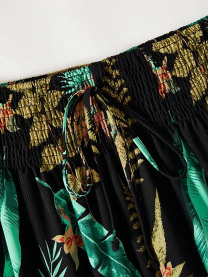 Women's Tropical Leaf Print Wide Leg Pants, Casual Elastic Waist Drawstring Palazzo Trousers For Ladies