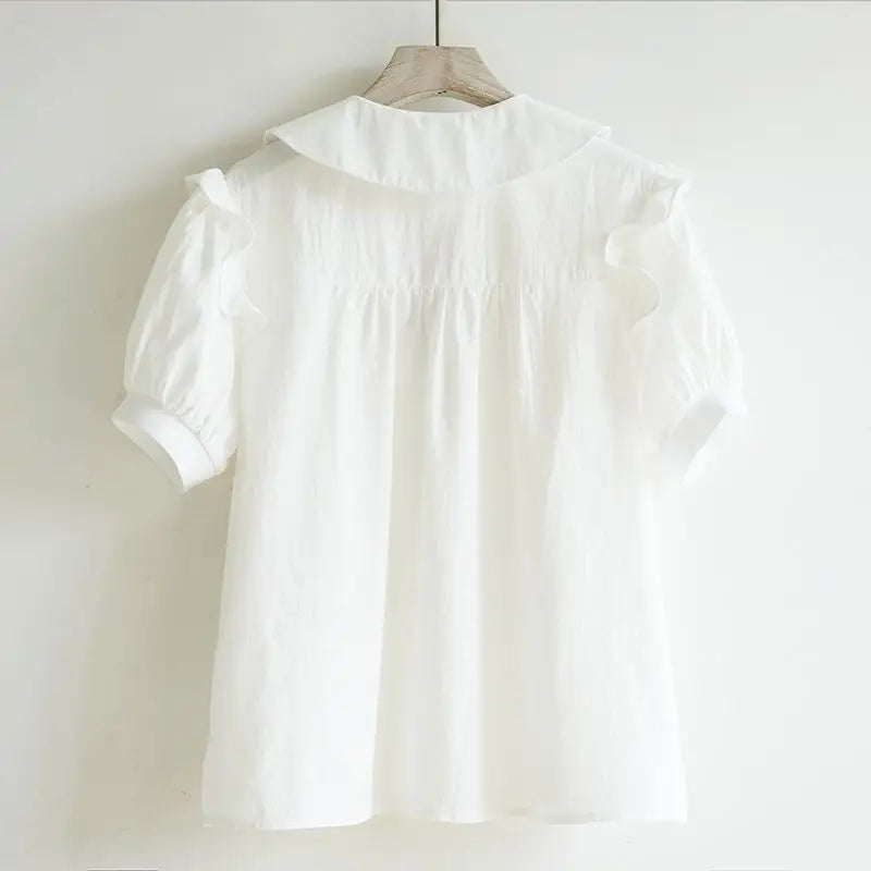 Girls' 2026 Summer Shirt Big Kids Doll Collar Pure Cotton Short Sleeve Blouse Solid Color Casual Top for School Daily Wear