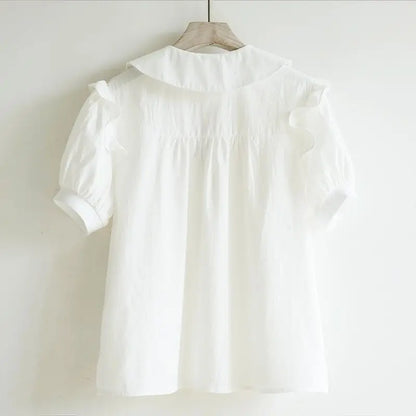 Girls' 2026 Summer Shirt Big Kids Doll Collar Pure Cotton Short Sleeve Blouse Solid Color Casual Top for School Daily Wear