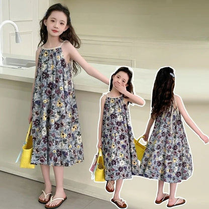 Floral Sleeveless Strappy Sundress Trendy Girls Party Dress Girl Cotton Linen Girls' Princess Summer Little Clothes Dresses Kids