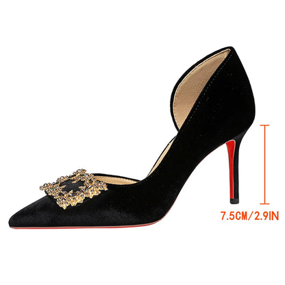 BIGTREE Shoes Rhinestone Women Pumps Metal Square Buckle High Heels Suede Side Empty Ladies Shoes Stiletto Heels 10 cm 7.5 cm