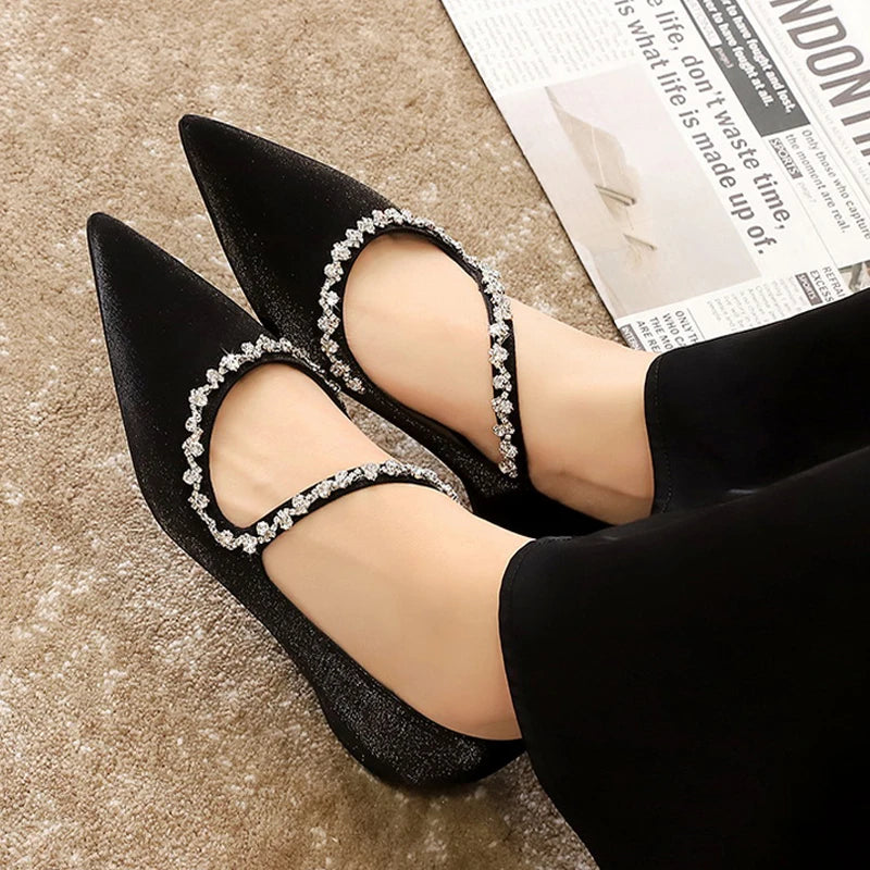 BIGTREE Shoes Rhinestone Chain Low Heeled Women's Shoes Metal Decoration Wedge heels Pointed Ladies Shoes Luxury Banquet Shoes