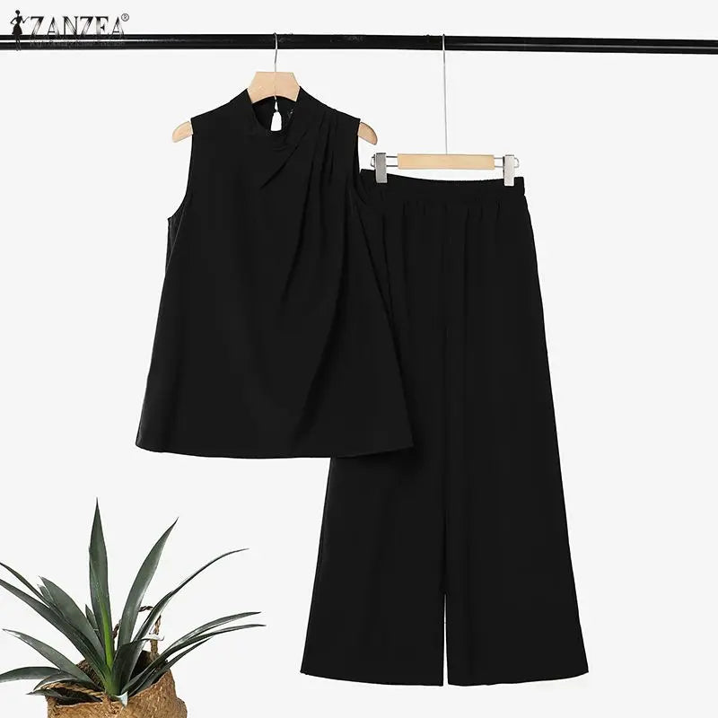 ZANZEA Women Minimalist 2pcs Matching Pant Sets Turtleneck Sleeveless Tops & Wide Leg Pants Suits Summer Commute 2 Piece Outfits