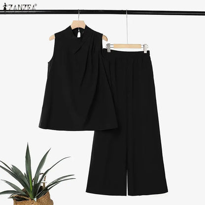 ZANZEA Women Minimalist 2pcs Matching Pant Sets Turtleneck Sleeveless Tops & Wide Leg Pants Suits Summer Commute 2 Piece Outfits