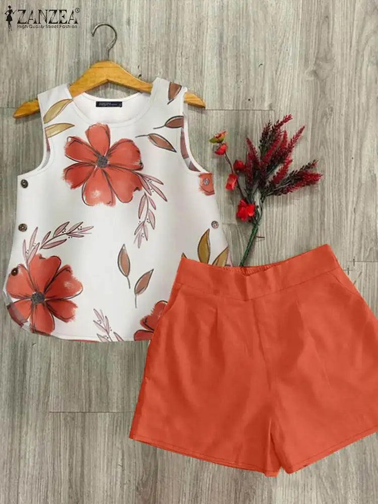 2024 ZANZEA Summer Short Sets Floral Printed Sleeveless Tanks Tops Pant Sets 2PCS Holiday Beach Outfits Women Bohemain Tracksuit