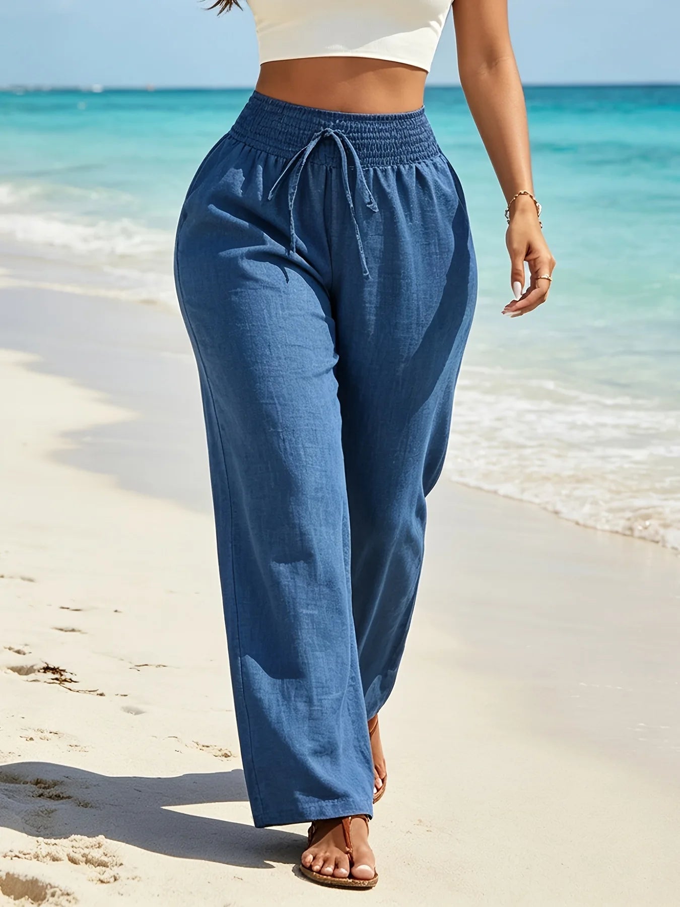 2026 Women's Casual Wide-leg Trousers for All Seasons, Loose and Flowing High-waisted Elastic Waist Pants, Beach Blue