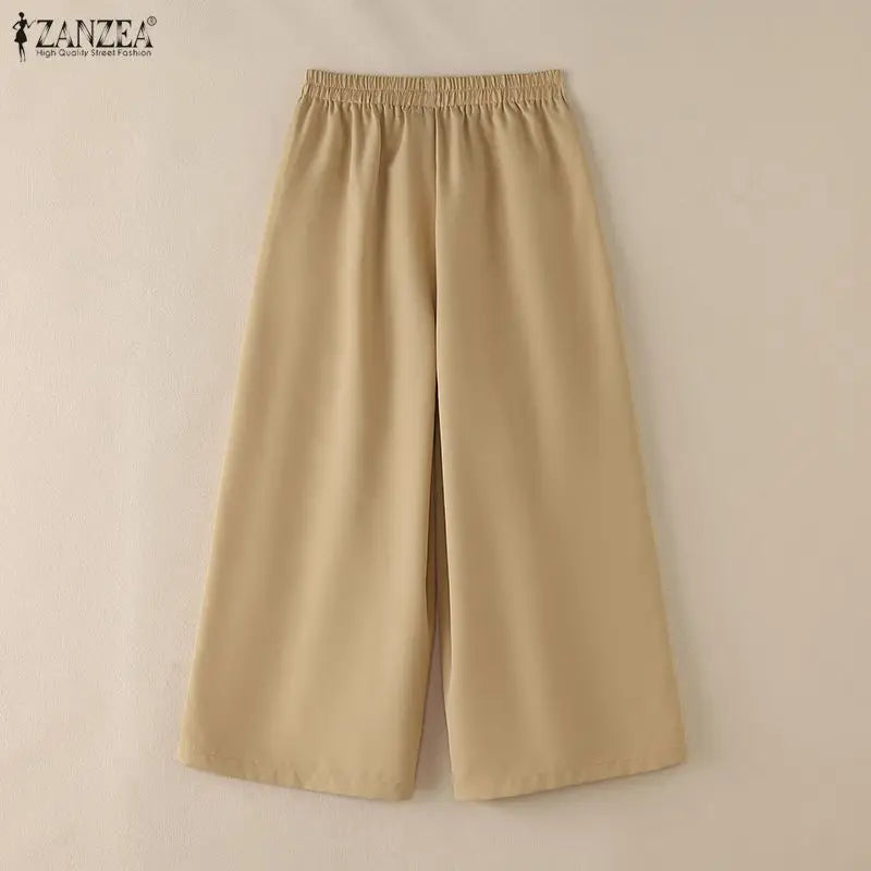 Women Casual Elastic Waist Pleated Trousers ZANZEA Solid Color Loose Wide Leg Pants Summer Capris Female Long Pant Oversize 2026