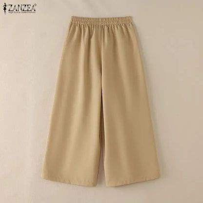 Women Casual Elastic Waist Pleated Trousers ZANZEA Solid Color Loose Wide Leg Pants Summer Capris Female Long Pant Oversize 2026
