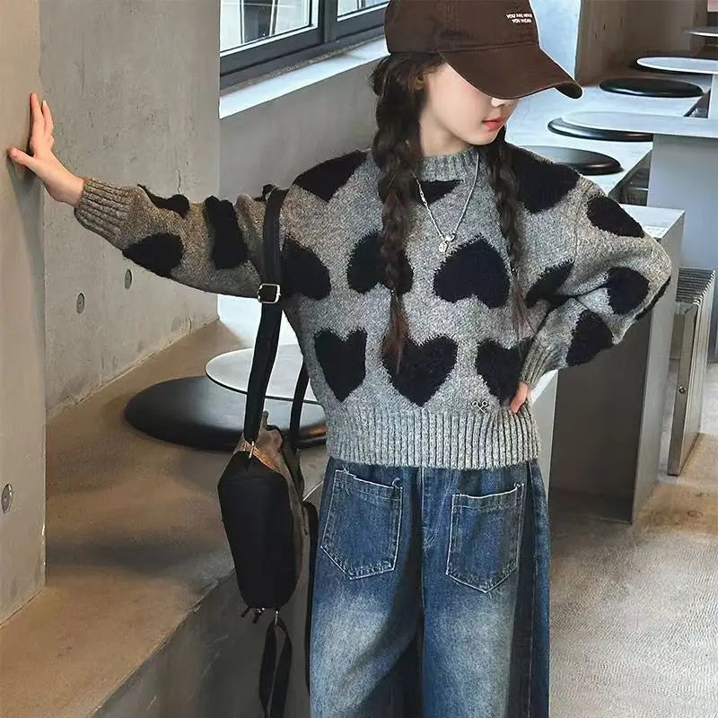 Girls' Autumn Winter 2025 Korean Style Heart Print Knit Sweater Kids' Pullover Trendy