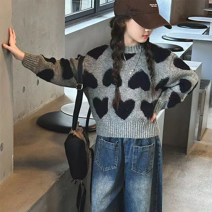 Girls' Autumn Winter 2025 Korean Style Heart Print Knit Sweater Kids' Pullover Trendy