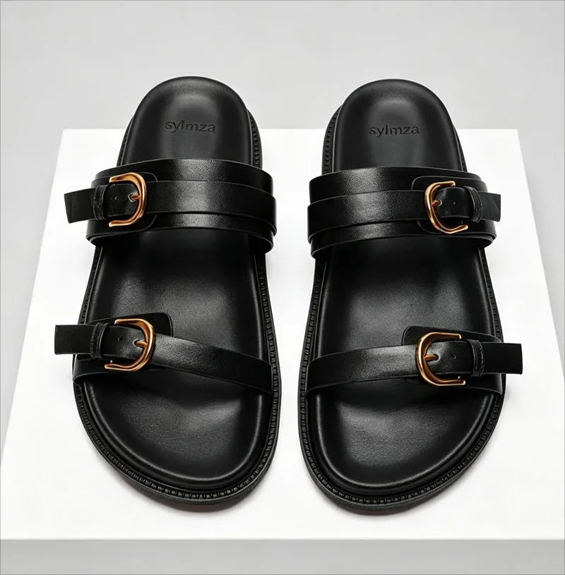 Fashion Open Toe Buckle Platform Sandal Round Toe Narrow Band Flat Sandals Women Summer Non-slip Comfortable Vacation Beach Shoe