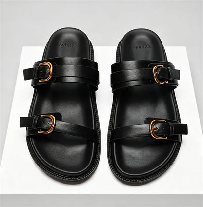 Fashion Open Toe Buckle Platform Sandal Round Toe Narrow Band Flat Sandals Women Summer Non-slip Comfortable Vacation Beach Shoe