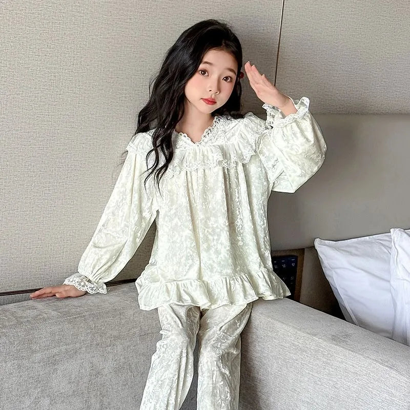 Girls' Velvet Pajamas 6-12 Years Sweetheart Lace Trim Sleepwear for Spring Autumn Warm Cotton Lining Children's Nightwear