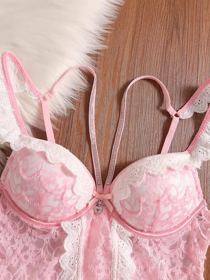 MOYISU Rhinestone Lace Corset Bra Set Pink Halter Bustier Slim-Fit Waist Trainer Sexy Lingerie for Women Party Wedding Outerwear