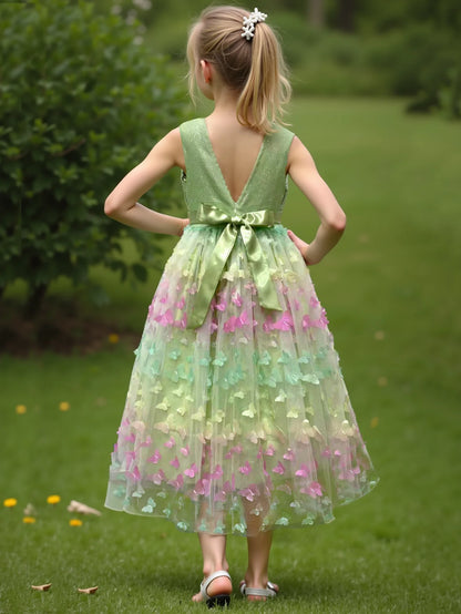 Girl's New Three-Dimensional Butterfly Sleeveless Mesh Bow Long Princess Dress Wedding Flower Girl Birthday Party Elf Dress