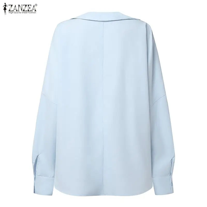 ZANZEA Women's Stylish Chic Oversized Blue Blouses Turn-Down V-Neck Lantern Sleeves High-Low Hem Tops Minimalist Solid Blouse