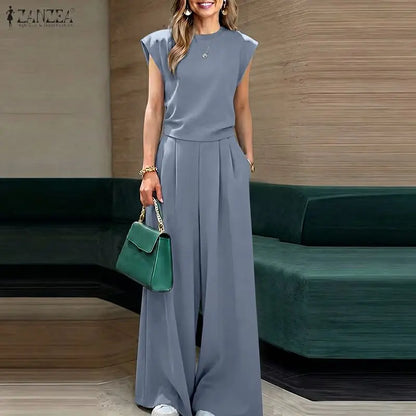 ZANZEA Fashion Casual O Neck Short Sleeve Blouse Pant Sets Summer Women Outfits Trousers Suit Solid Color Tracksuit Matching Set