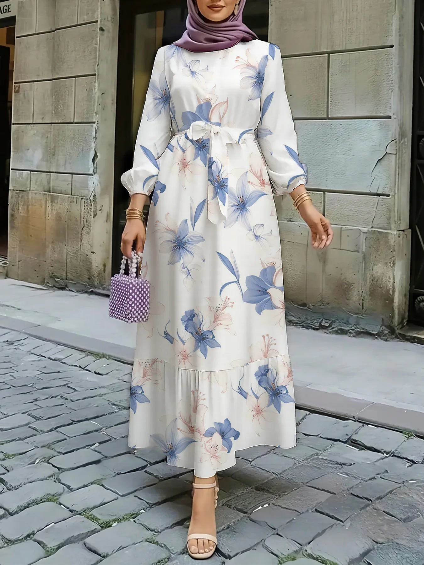 New Western style elegant floral print elastic waist spliced ruffled hem dress