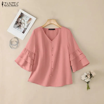 ZANZEA Woman Casual Blouses Elegant V-Neck 3/4 Layered Ruffle Sleeves Solid Color Tops 2026 Summer Everyday Wear Work Blusas