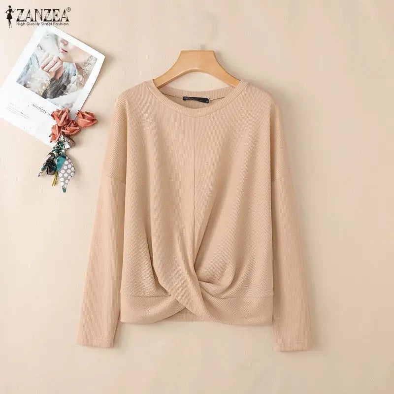 ZANZEA Women Autumn Waffle Knit Long Sleeve T-Shirts Crew Neck Twisted Knot Hem Pullover Tops Casual Loose Solid Woman Clothes