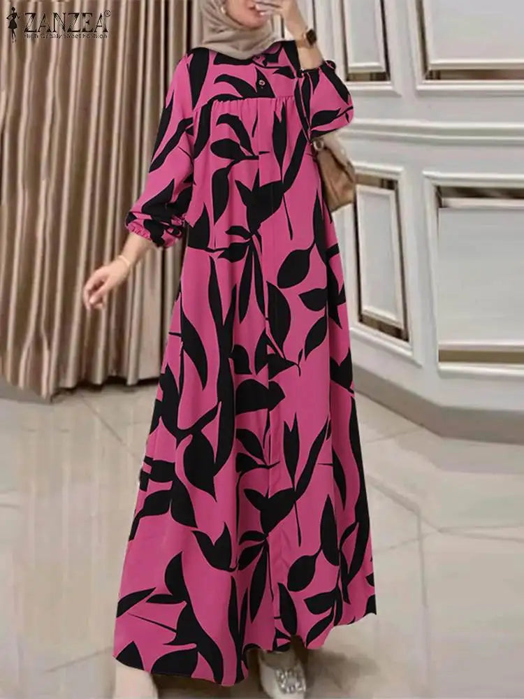 Women Fashion Long Sleeve Floral Print Muslim Dress Abaya ZANZEA Autumn Bohemain Sundress Maxi Long Vestidos Islamic Clothing