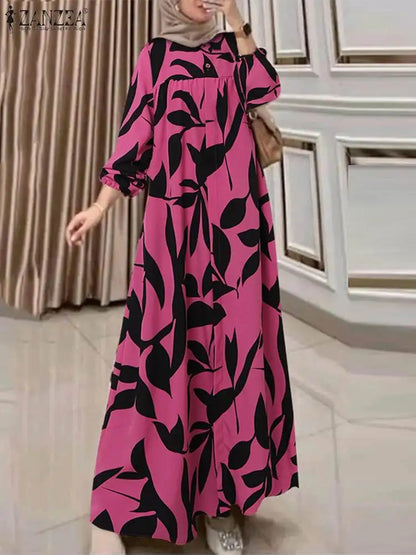 Women Fashion Long Sleeve Floral Print Muslim Dress Abaya ZANZEA Autumn Bohemain Sundress Maxi Long Vestidos Islamic Clothing