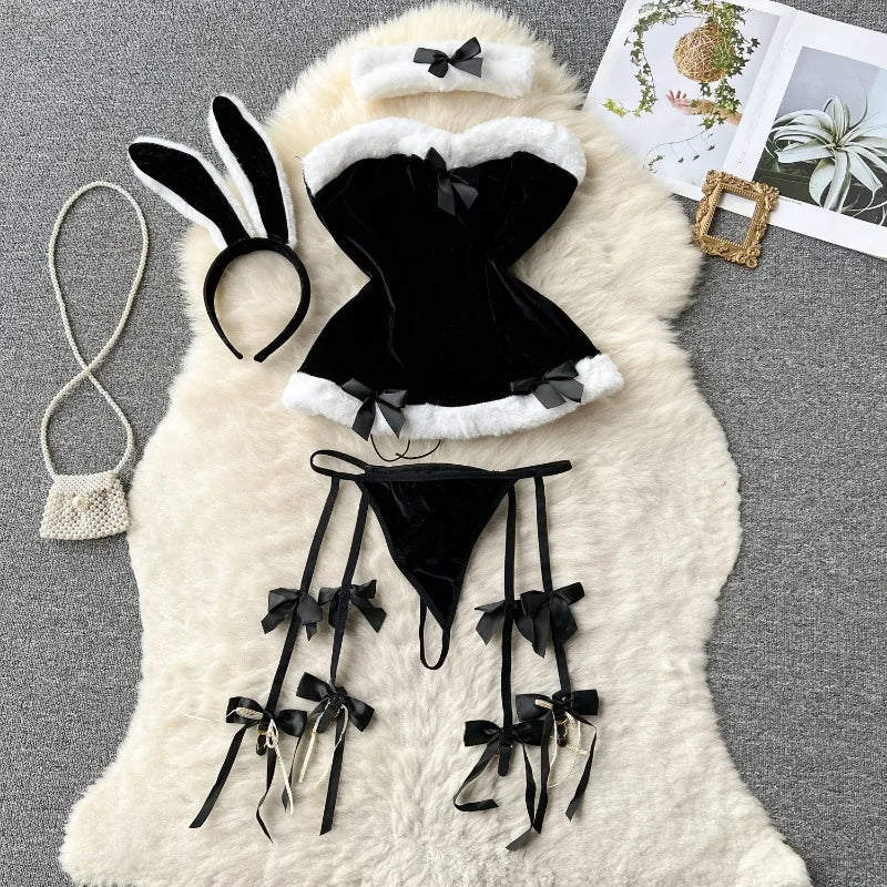 Sweet Red Bunny Lingerie Underwear Set Women Sexy Soft Plush Cute Bowknot Sweet Nightgowns Christmas Rabbit Cosplay Costumes New