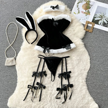 Sweet Red Bunny Lingerie Underwear Set Women Sexy Soft Plush Cute Bowknot Sweet Nightgowns Christmas Rabbit Cosplay Costumes New