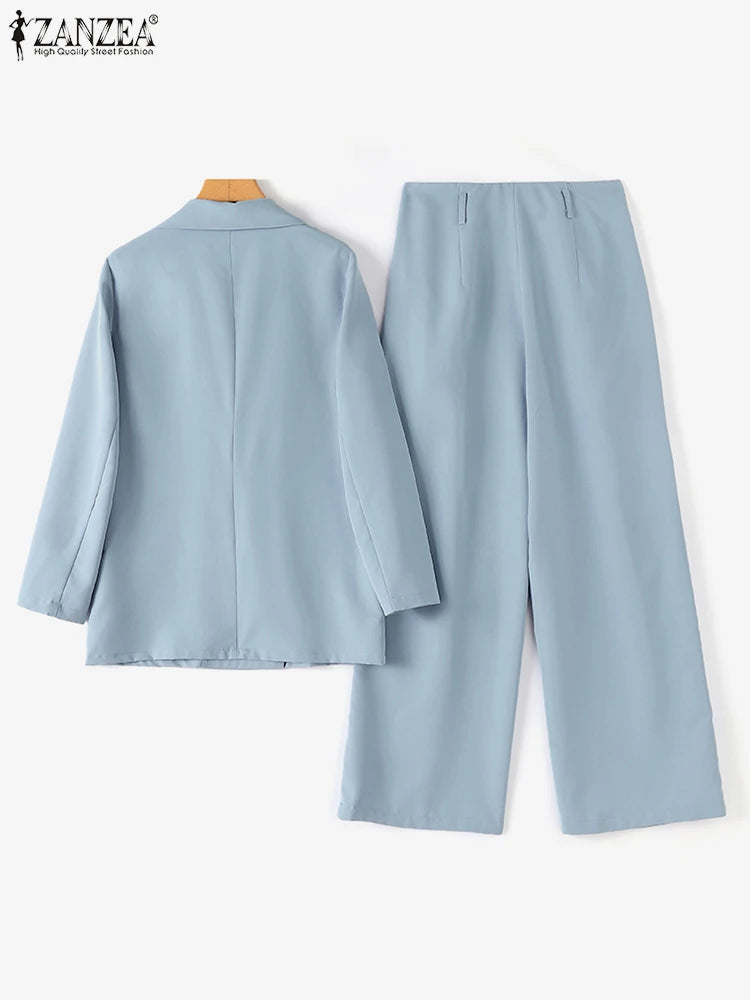 2PCS Women Blazer Suits Spring Pant Sets ZANZEA Elegant OL Work Tracksuits Lapel Neck Long Sleeve Tops Wide Leg Trousers Suit