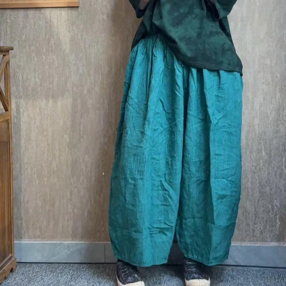 New 2026 Spring Summer Arts Style Women Elastic Waist Loose Vintage Ankle-length Pants High Quality Cotton Linen Wide Leg Pants