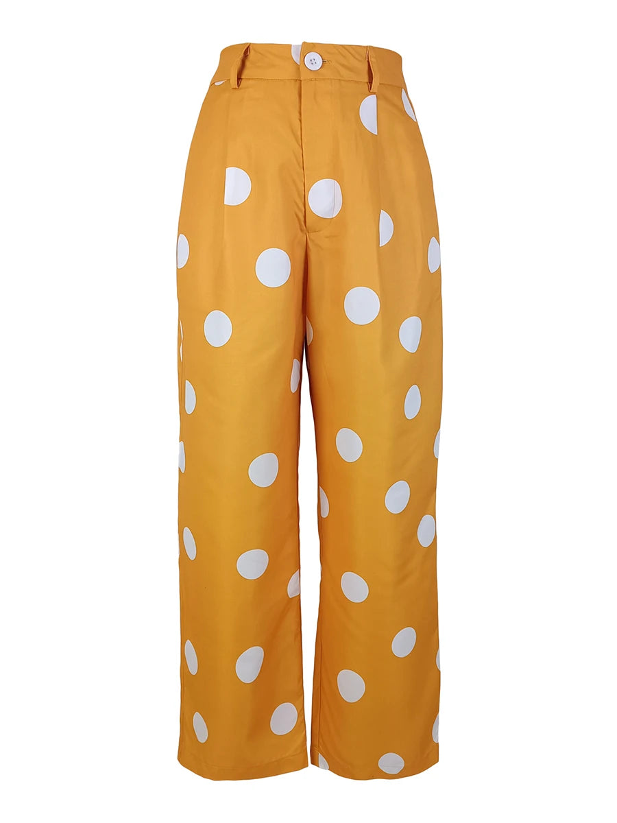 Plus Size Polka Dot Wide Leg Pants Women Summer High Waist Casual Loose Yellow Palazzo Trousers with Pockets Fashion Streetwear