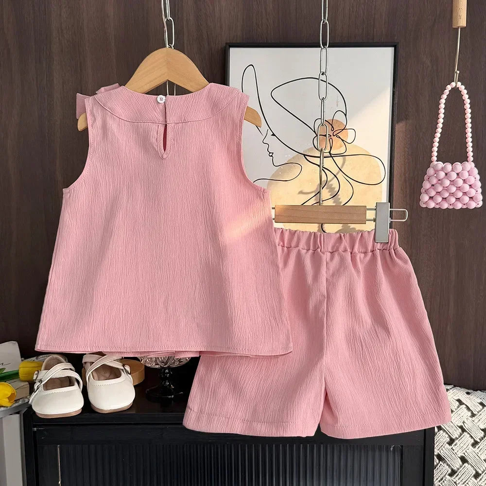 Korean Version Summer New Girls' Casual Suit Solid Color Round Neck Bow Pleated Vest Top+shorts Two-piece Set for Daily Wear