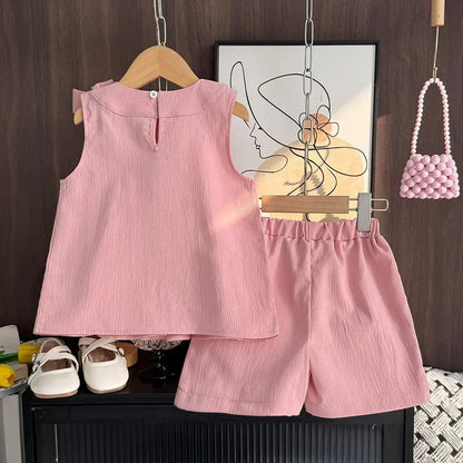 Korean Version Summer New Girls' Casual Suit Solid Color Round Neck Bow Pleated Vest Top+shorts Two-piece Set for Daily Wear