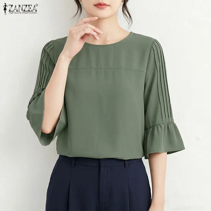 ZANZEA 2026 Woman Casual Effortless Blouses O-Neck Pintuck Detailed 3/4 Flared Sleeve Solid Color Tops Autumn Daily Blusas Mujer