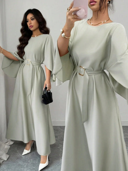 Gentle Style Round Neck Batwing Sleeve Waist-Tied Maxi Dress with Belt Elegant Commuter Long Dress