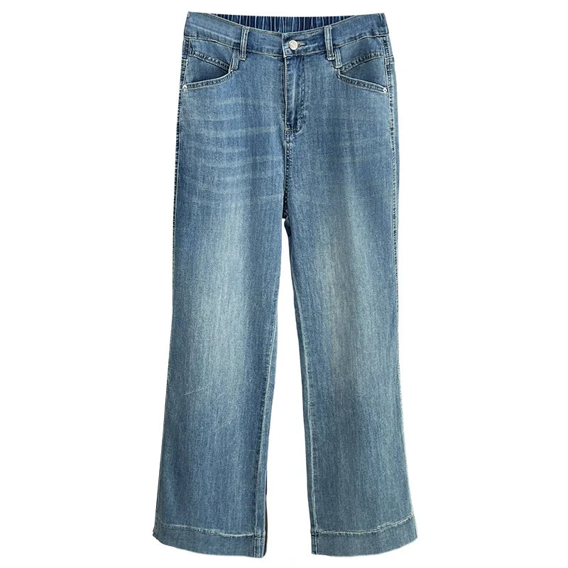 2025 Summer New Style 100kg Casual Slimming Stretch Thin Denim Straight Long Pants Plus Size Women's JEANS 8653
