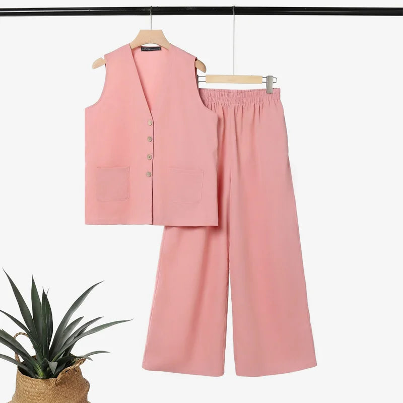 2026 ZANZEA Summer Elegant V Neck Sleeveless Tanks Tops Pant Sets Women 2 Pieces Sets Stylish Solid OL Work Outfits Tracksuit