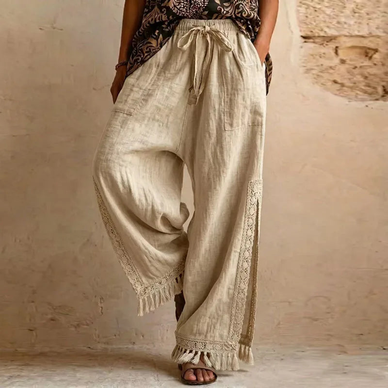 Women Solid Side Split Wide Leg Pants Elastic Drawstring Pockets Lace Tassel Loose Pants New Boho Summer Casual Holiday Trousers