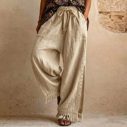 Women Solid Side Split Wide Leg Pants Elastic Drawstring Pockets Lace Tassel Loose Pants New Boho Summer Casual Holiday Trousers