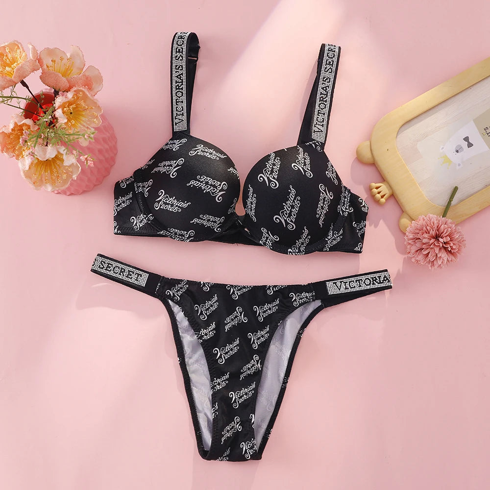 Victoria s Secret Rhinestone Logo Shoulder Straps Lace Underwear Sexy Lingerie Set Push Up Bra And Panties Set For Women