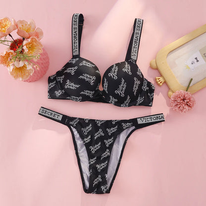 Victoria s Secret Rhinestone Logo Shoulder Straps Lace Underwear Sexy Lingerie Set Push Up Bra And Panties Set For Women