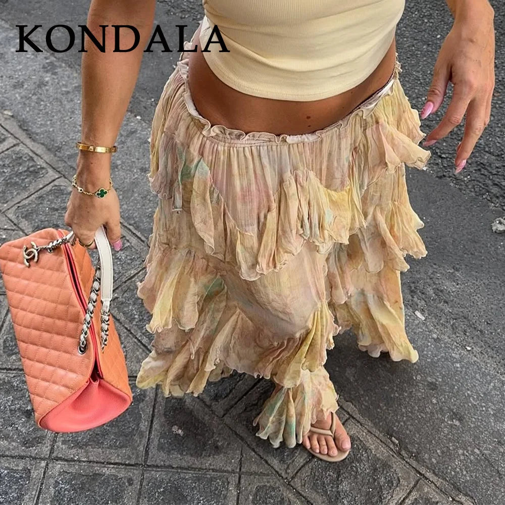 KONDALA 2026 Spring Summer Casual Women Print Skirts Fashion Elegant Tierred A Line Beach Style Chic Ladies Long Skirts